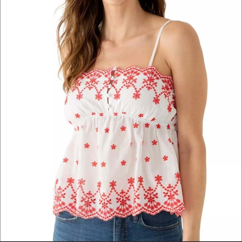 Draper James White and Red Floral Eyelet Embroidered Peplum Cottagecore StrappyC